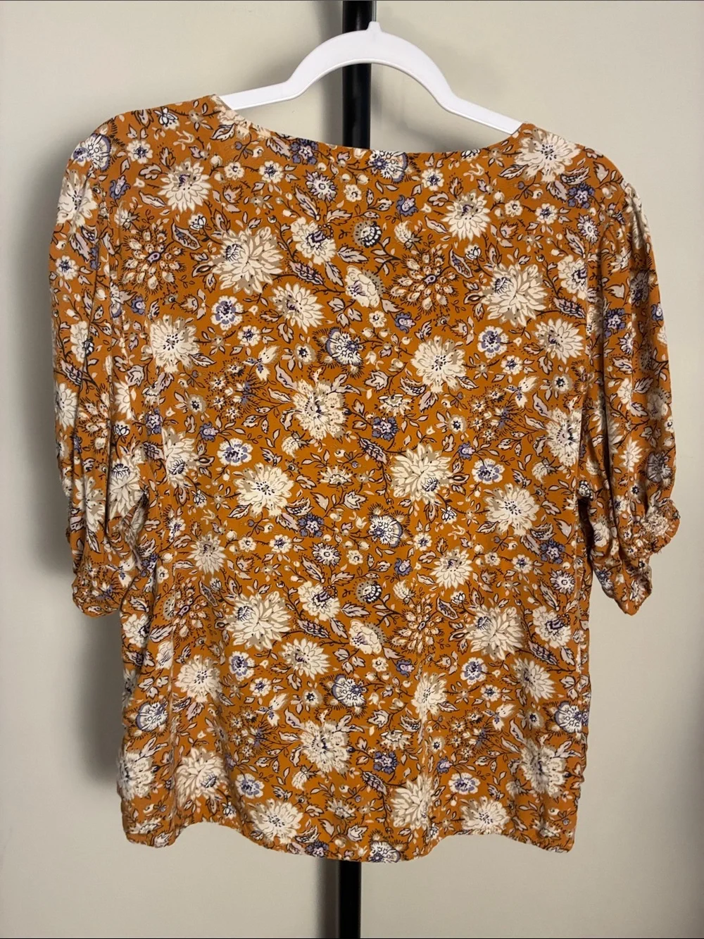Old Navy Mustard Yellow Floral V-Neck Short Sleeve Cinch Blouse  XL